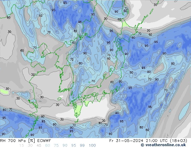 RH 700 hPa ECMWF Fr 31.05.2024 21 UTC