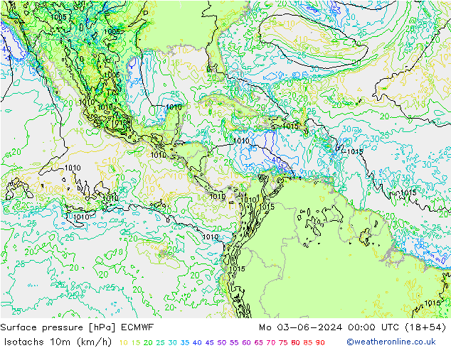 Izotacha (km/godz) ECMWF pon. 03.06.2024 00 UTC