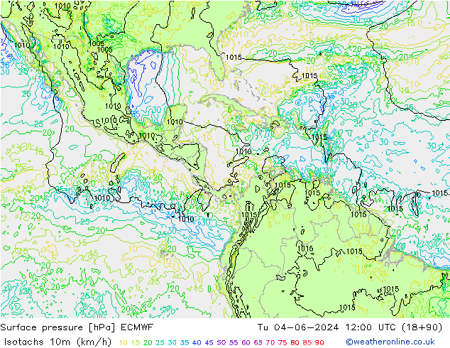 Isotachs (kph) ECMWF вт 04.06.2024 12 UTC