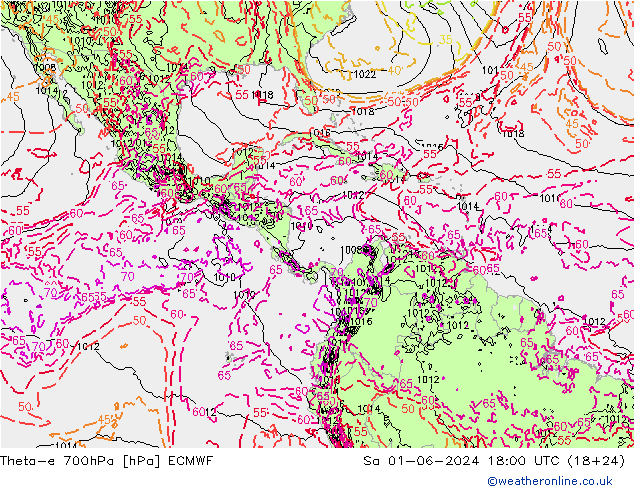 Theta-e 700hPa ECMWF So 01.06.2024 18 UTC