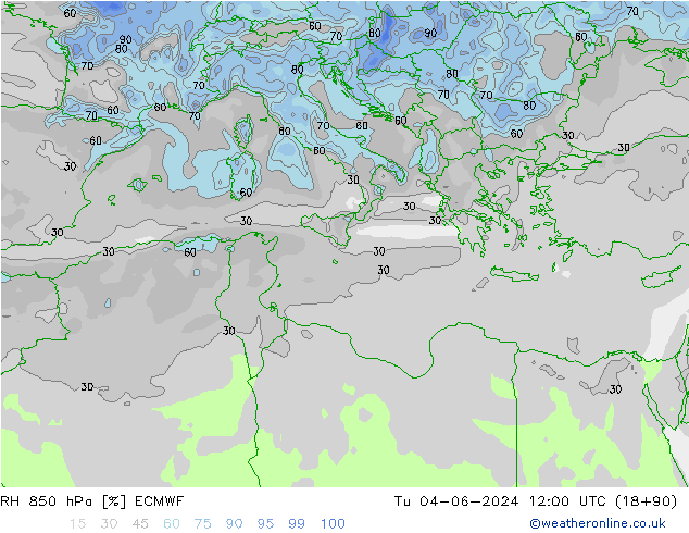 RH 850 hPa ECMWF Tu 04.06.2024 12 UTC