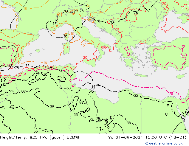 Geop./Temp. 925 hPa ECMWF sáb 01.06.2024 15 UTC