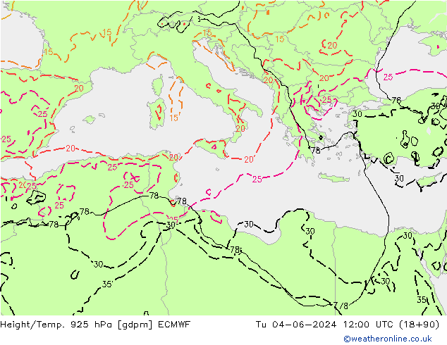 Height/Temp. 925 hPa ECMWF Tu 04.06.2024 12 UTC