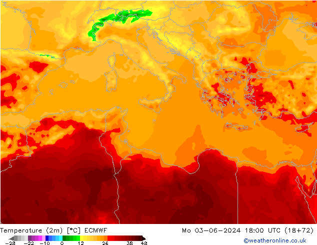 Temperature (2m) ECMWF Po 03.06.2024 18 UTC