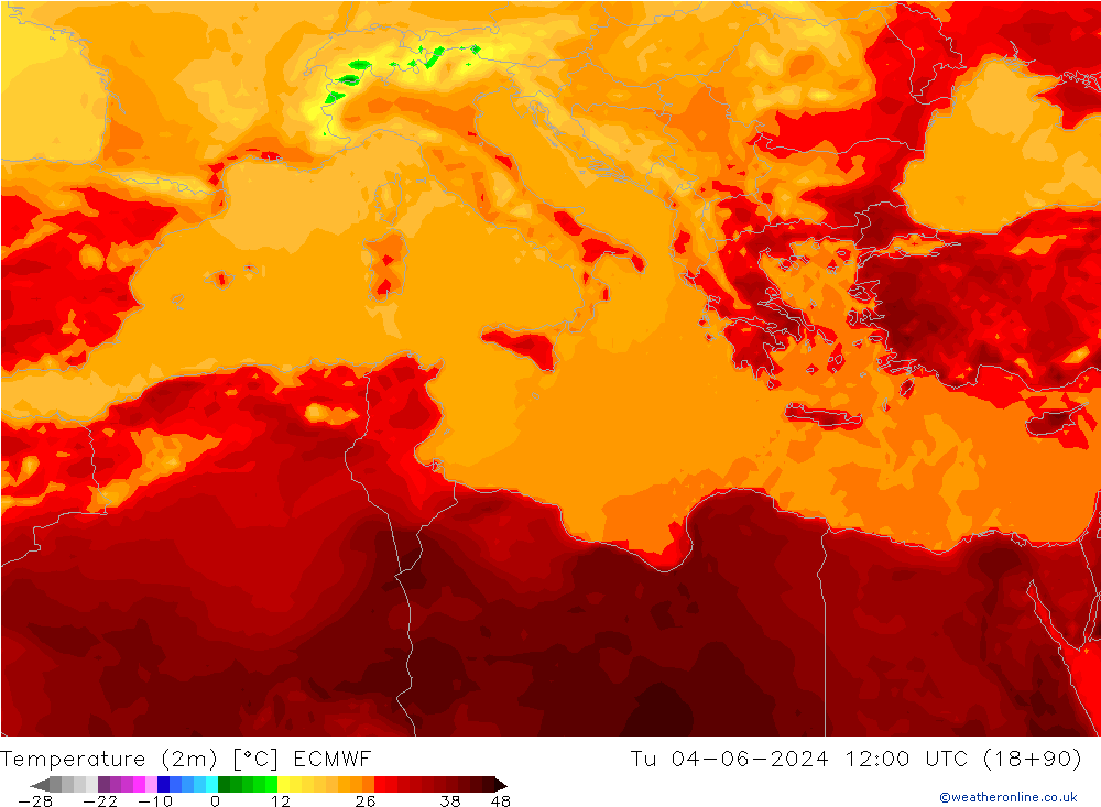 Temperatuurkaart (2m) ECMWF di 04.06.2024 12 UTC