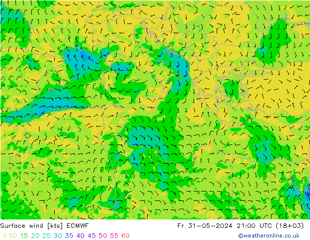 Rüzgar 10 m ECMWF Cu 31.05.2024 21 UTC