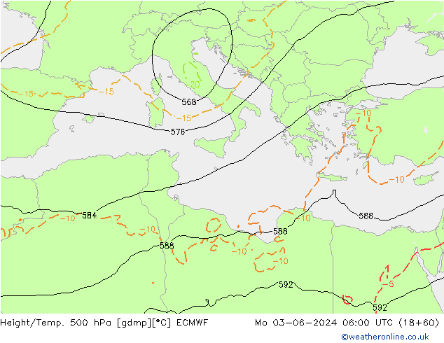 Z500/Rain (+SLP)/Z850 ECMWF pon. 03.06.2024 06 UTC