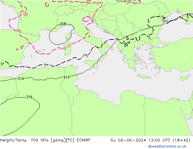 Height/Temp. 700 hPa ECMWF Su 02.06.2024 12 UTC