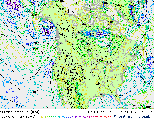 Isotachs (kph) ECMWF So 01.06.2024 06 UTC