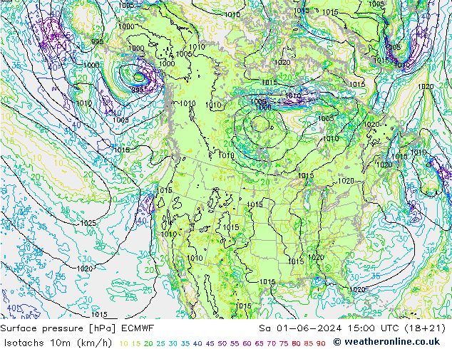 Isotaca (kph) ECMWF sáb 01.06.2024 15 UTC