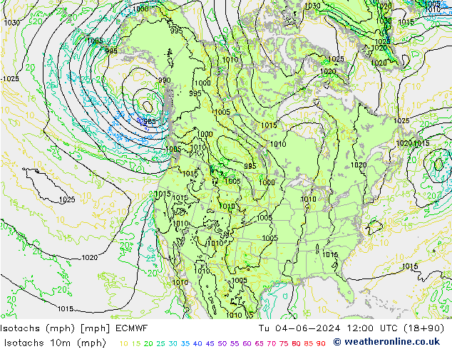 Isotachs (mph) ECMWF Út 04.06.2024 12 UTC