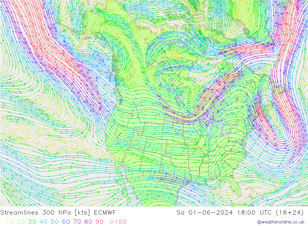 ветер 300 гПа ECMWF сб 01.06.2024 18 UTC