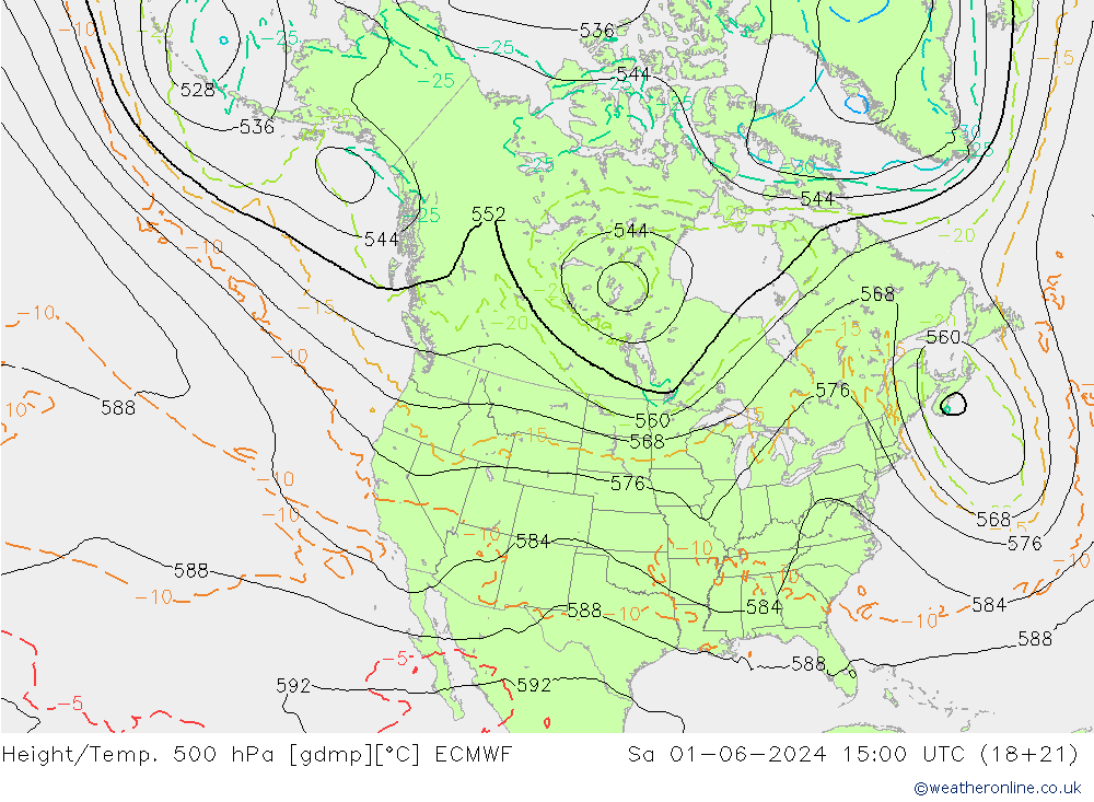 Height/Temp. 500 hPa ECMWF Sa 01.06.2024 15 UTC