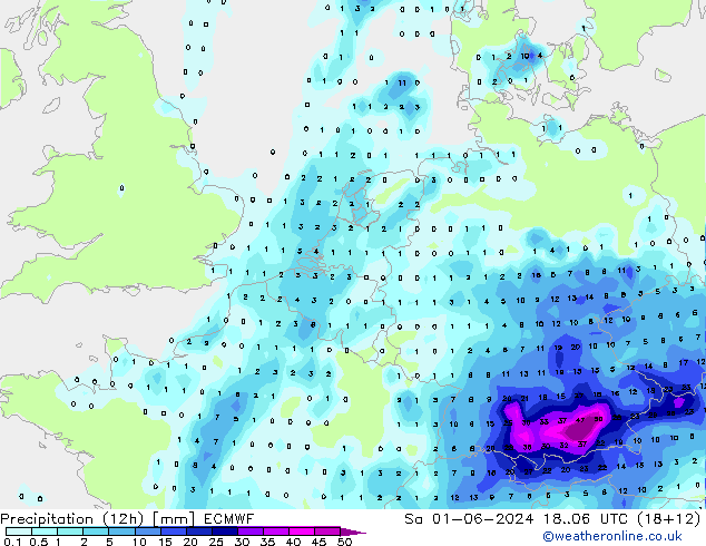 Precipitation (12h) ECMWF Sa 01.06.2024 06 UTC