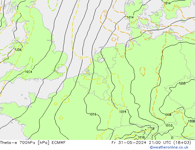 Theta-e 700hPa ECMWF ven 31.05.2024 21 UTC