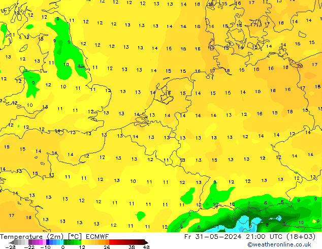 Temperature (2m) ECMWF Fr 31.05.2024 21 UTC