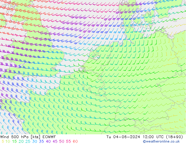 Wind 500 hPa ECMWF Út 04.06.2024 12 UTC