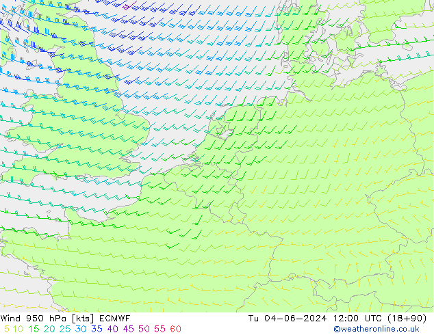 Wind 950 hPa ECMWF Út 04.06.2024 12 UTC