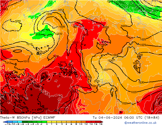 Theta-W 850hPa ECMWF wto. 04.06.2024 06 UTC