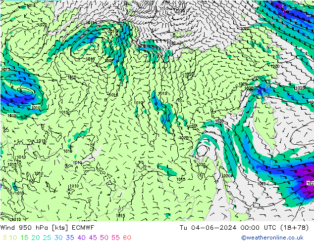 ветер 950 гПа ECMWF вт 04.06.2024 00 UTC