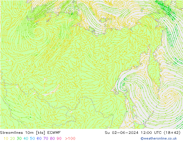 Stroomlijn 10m ECMWF zo 02.06.2024 12 UTC