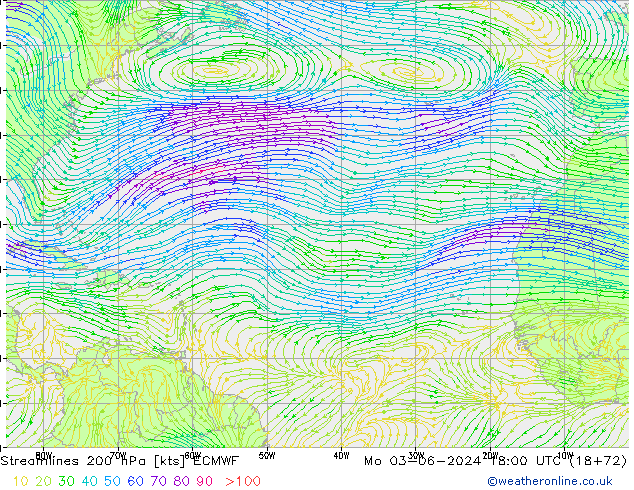 Streamlines 200 hPa ECMWF Mo 03.06.2024 18 UTC