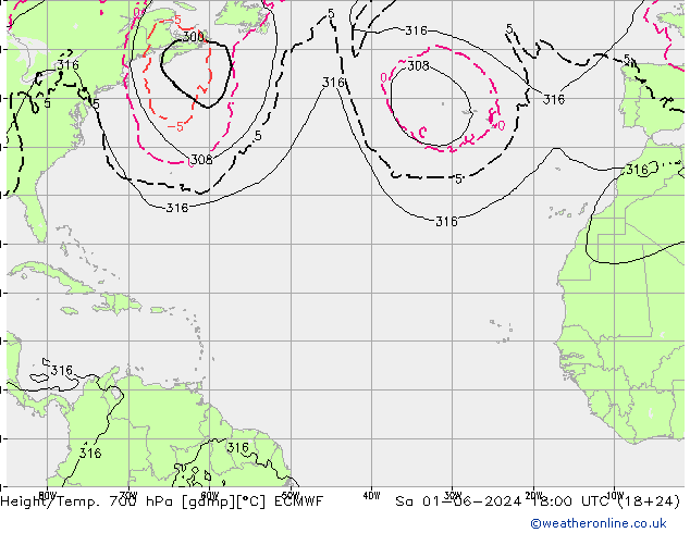 Height/Temp. 700 hPa ECMWF So 01.06.2024 18 UTC