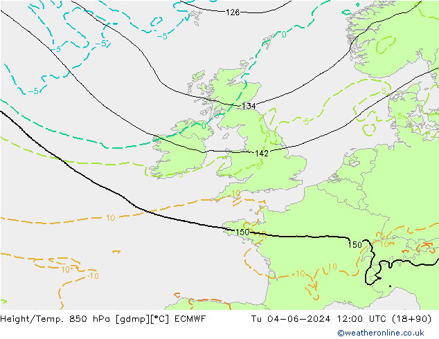 Height/Temp. 850 hPa ECMWF Tu 04.06.2024 12 UTC