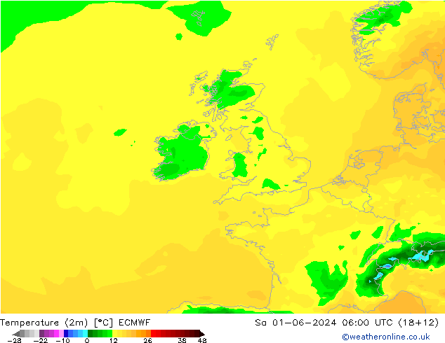 mapa temperatury (2m) ECMWF so. 01.06.2024 06 UTC