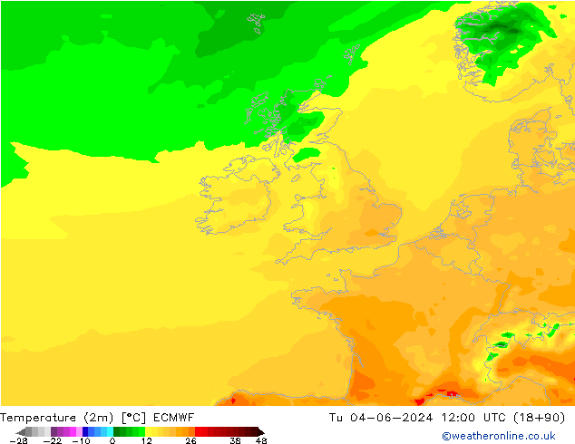 Temperature (2m) ECMWF Tu 04.06.2024 12 UTC