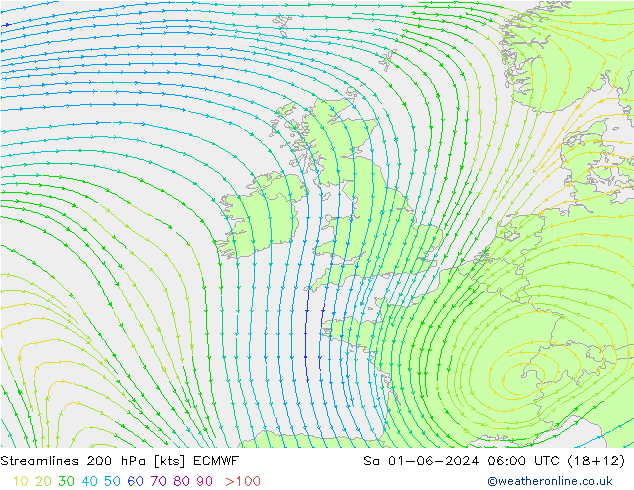 Streamlines 200 hPa ECMWF Sa 01.06.2024 06 UTC