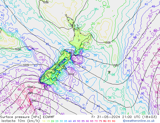 Isotachs (kph) ECMWF Fr 31.05.2024 21 UTC