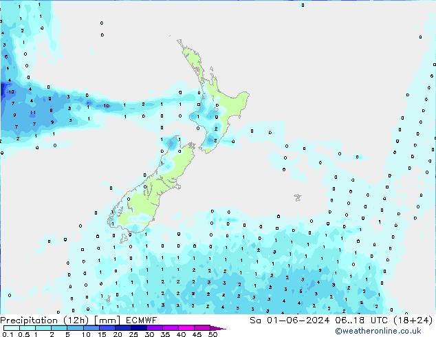 Precipitation (12h) ECMWF Sa 01.06.2024 18 UTC
