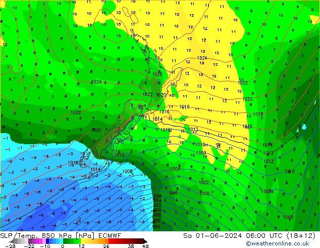 SLP/Temp. 850 hPa ECMWF  01.06.2024 06 UTC