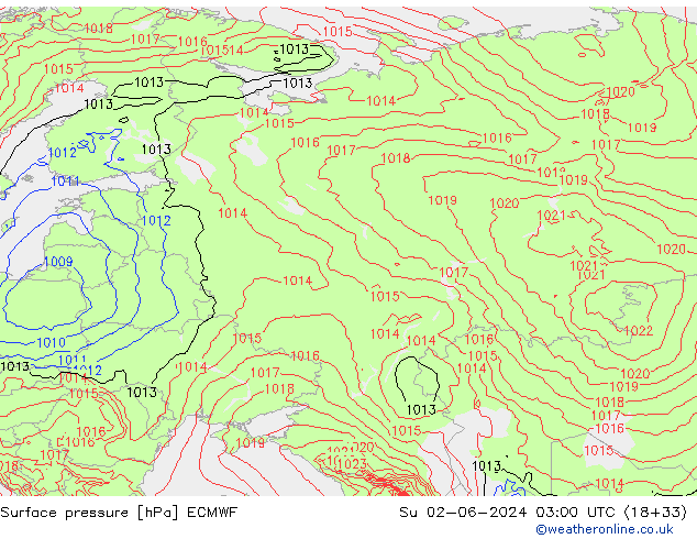 Presión superficial ECMWF dom 02.06.2024 03 UTC