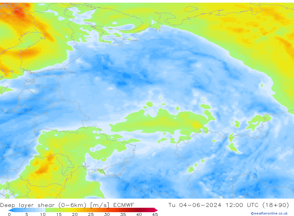 Deep layer shear (0-6km) ECMWF Ter 04.06.2024 12 UTC