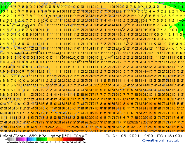 Hoogte/Temp. 850 hPa ECMWF di 04.06.2024 12 UTC