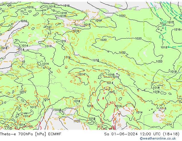 Theta-e 700hPa ECMWF so. 01.06.2024 12 UTC