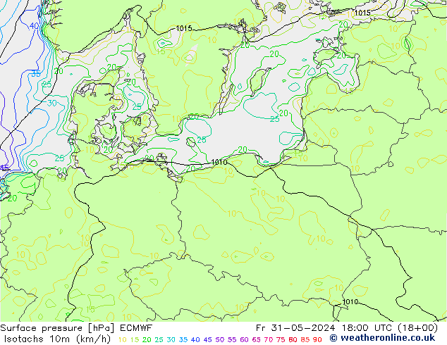 Isotachs (kph) ECMWF  31.05.2024 18 UTC