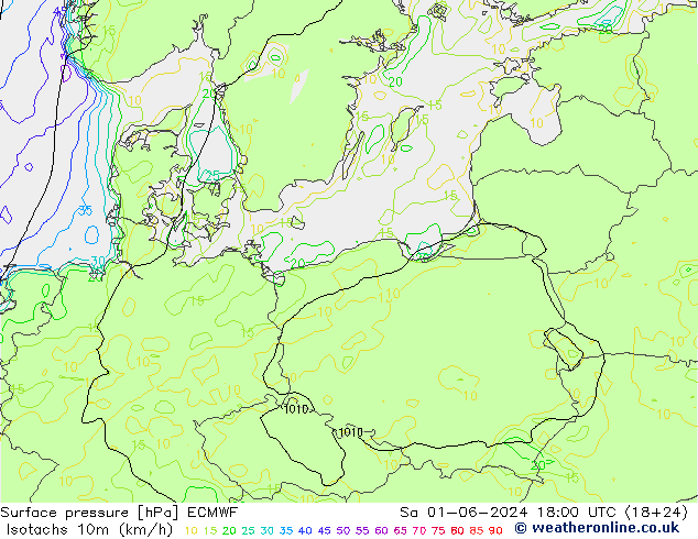 Isotachs (kph) ECMWF сб 01.06.2024 18 UTC