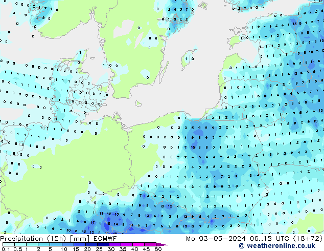 Precipitation (12h) ECMWF Mo 03.06.2024 18 UTC