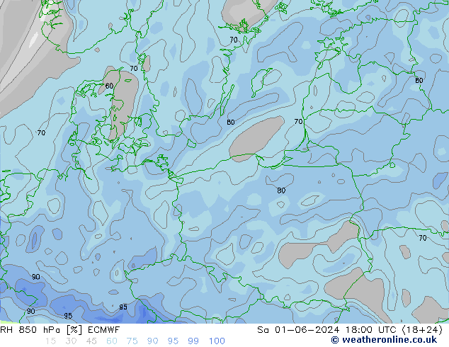 RH 850 гПа ECMWF сб 01.06.2024 18 UTC