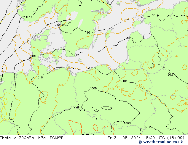 Theta-e 700hPa ECMWF Fr 31.05.2024 18 UTC