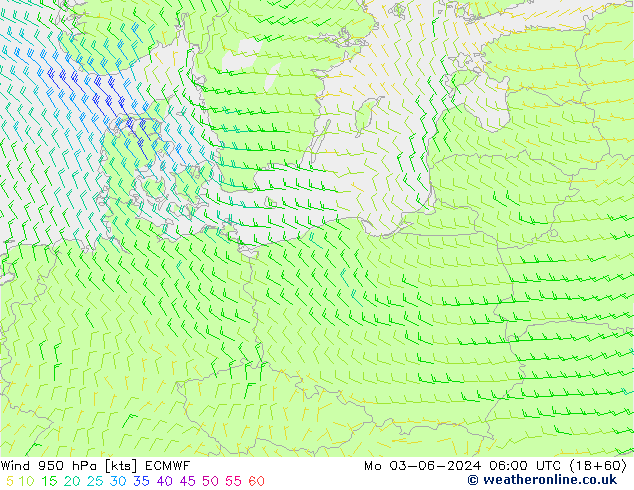 Vento 950 hPa ECMWF lun 03.06.2024 06 UTC