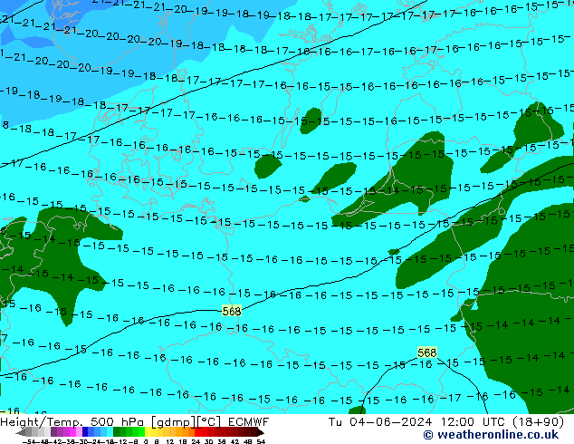 Height/Temp. 500 hPa ECMWF Út 04.06.2024 12 UTC