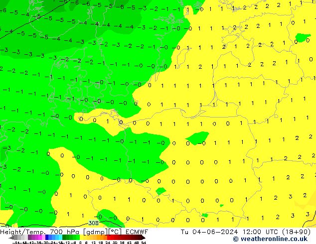 Height/Temp. 700 hPa ECMWF Út 04.06.2024 12 UTC