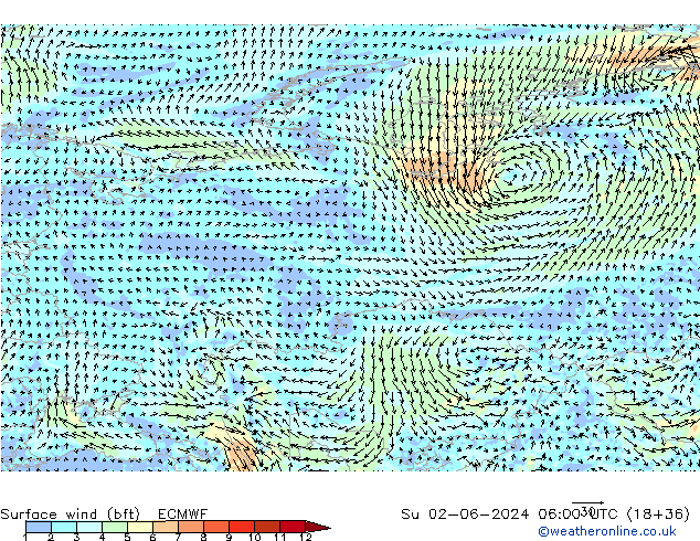 Surface wind (bft) ECMWF Su 02.06.2024 06 UTC