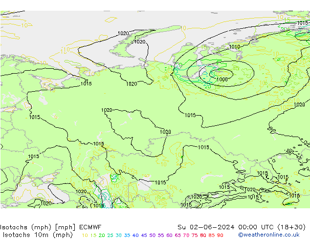 Eşrüzgar Hızları mph ECMWF Paz 02.06.2024 00 UTC