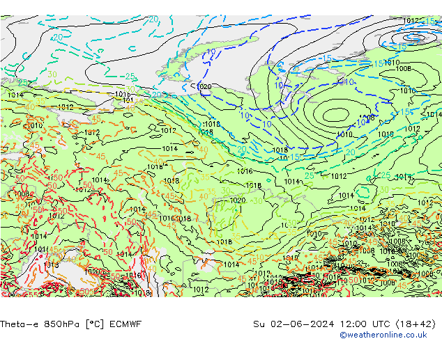 Theta-e 850hPa ECMWF dom 02.06.2024 12 UTC