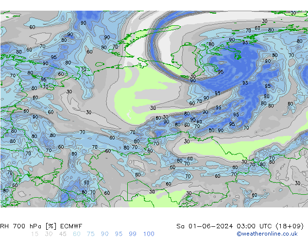 Humidité rel. 700 hPa ECMWF sam 01.06.2024 03 UTC